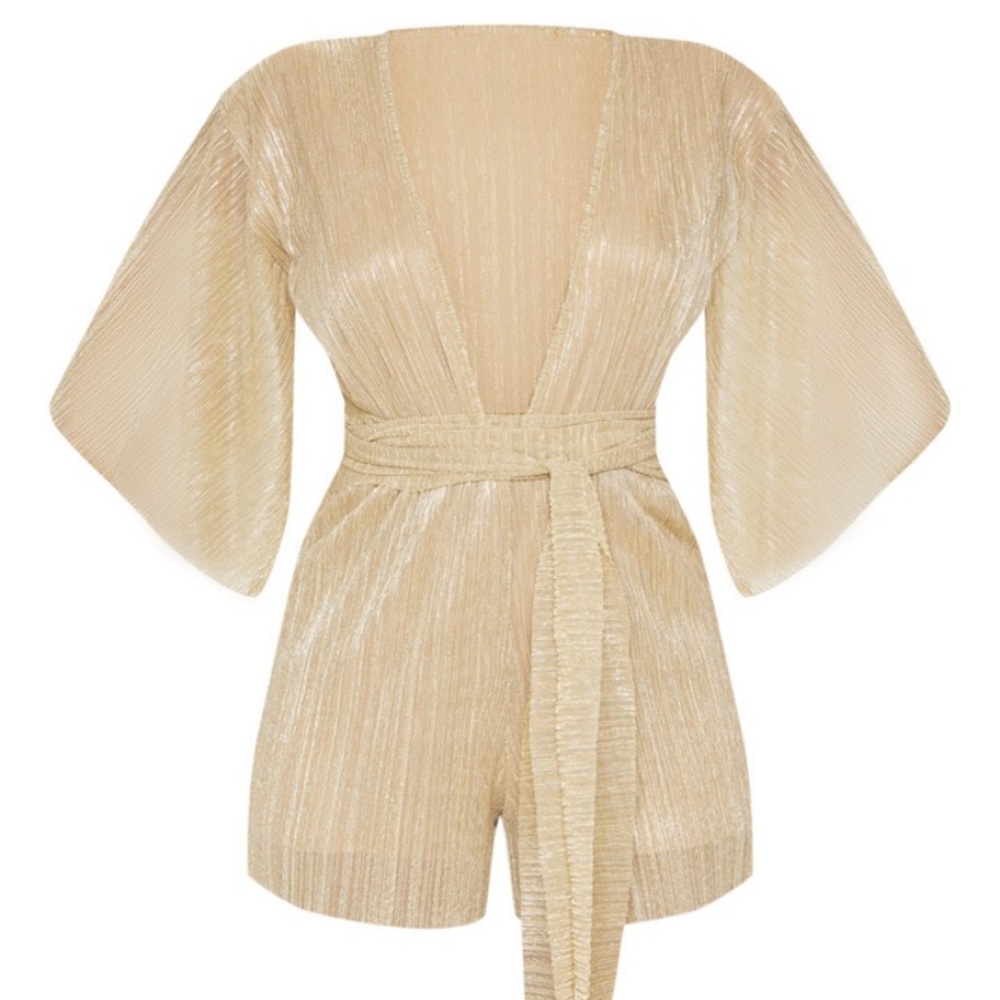 Pretty Little Thing Gold Plisse Tie Front Playsuit